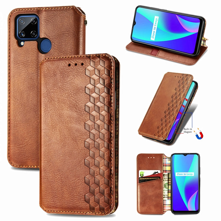 For OPPO Realme C15 Cubic Grid Pressed Horizontal Flip Magnetic PU Leather Case with Holder & Card Slots & Wallet