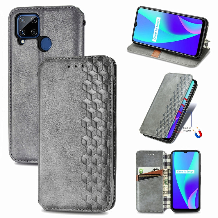 For OPPO Realme C15 Cubic Grid Pressed Horizontal Flip Magnetic PU Leather Case with Holder & Card Slots & Wallet