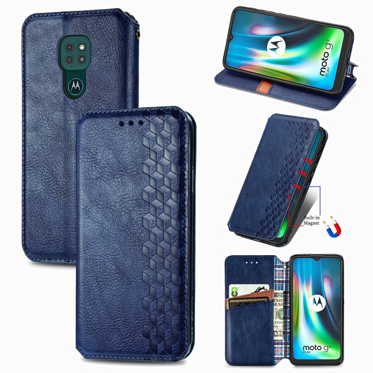 For Motorola Moto G9 Play Cubic Grid Pressed Horizontal Flip Magnetic PU Leather Case with Holder & Card Slots & Wallet