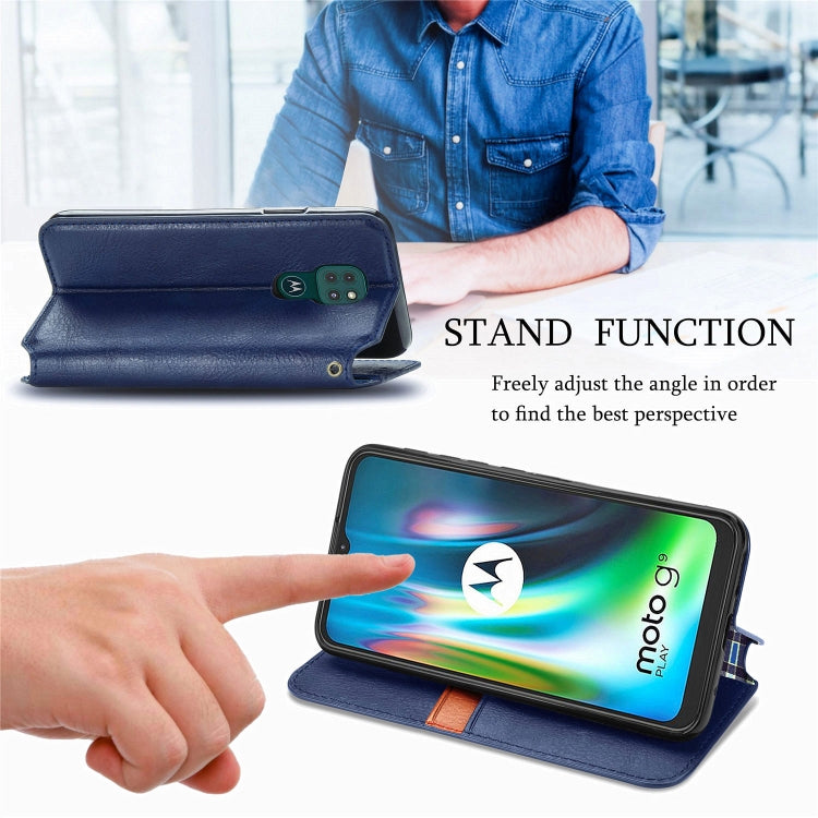 For Motorola Moto G9 Play Cubic Grid Pressed Horizontal Flip Magnetic PU Leather Case with Holder & Card Slots & Wallet