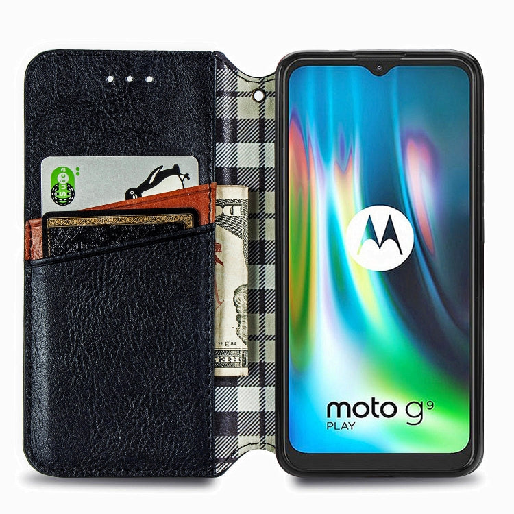 For Motorola Moto G9 Play Cubic Grid Pressed Horizontal Flip Magnetic PU Leather Case with Holder & Card Slots & Wallet