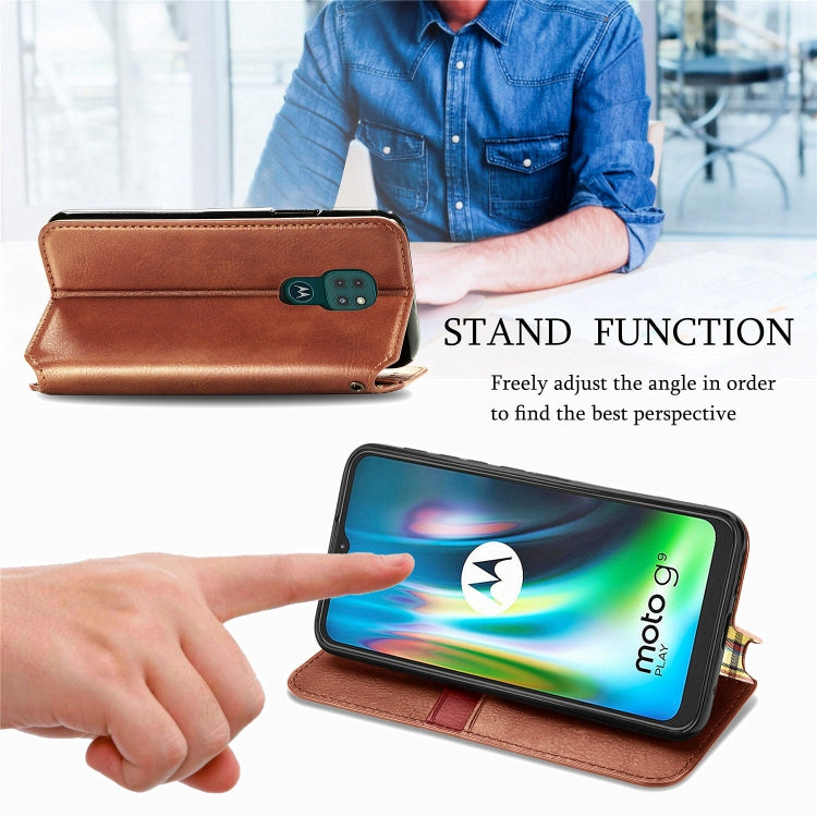 For Motorola Moto G9 Play Cubic Grid Pressed Horizontal Flip Magnetic PU Leather Case with Holder & Card Slots & Wallet