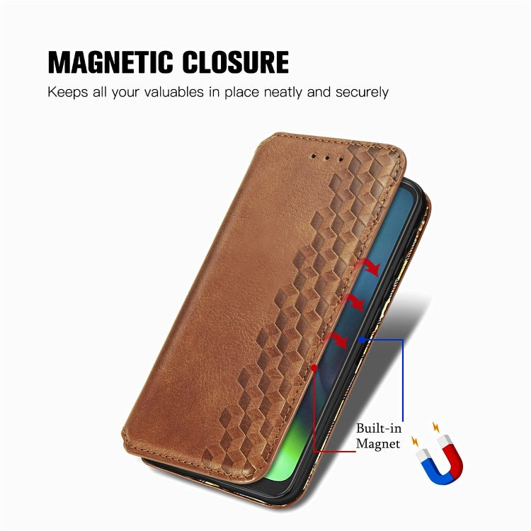 For Motorola Moto G9 Play Cubic Grid Pressed Horizontal Flip Magnetic PU Leather Case with Holder & Card Slots & Wallet