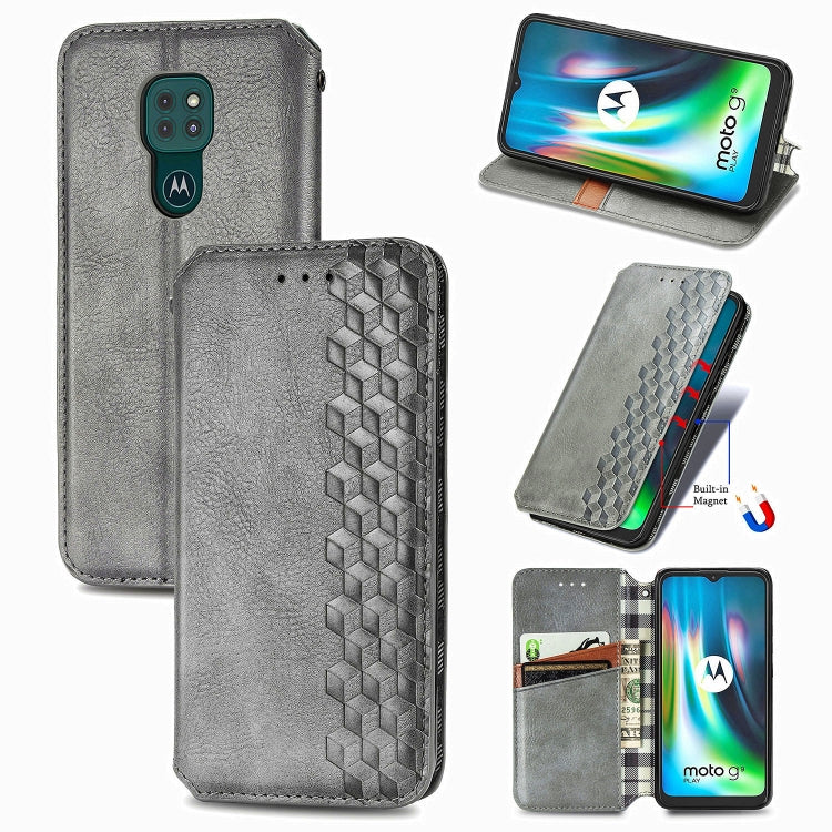 For Motorola Moto G9 Play Cubic Grid Pressed Horizontal Flip Magnetic PU Leather Case with Holder & Card Slots & Wallet