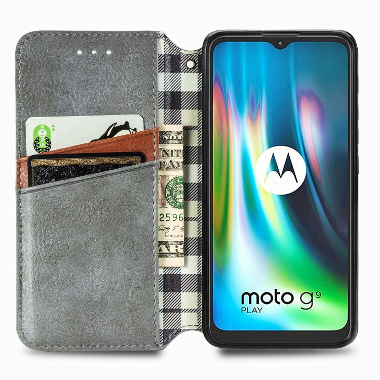 For Motorola Moto G9 Play Cubic Grid Pressed Horizontal Flip Magnetic PU Leather Case with Holder & Card Slots & Wallet