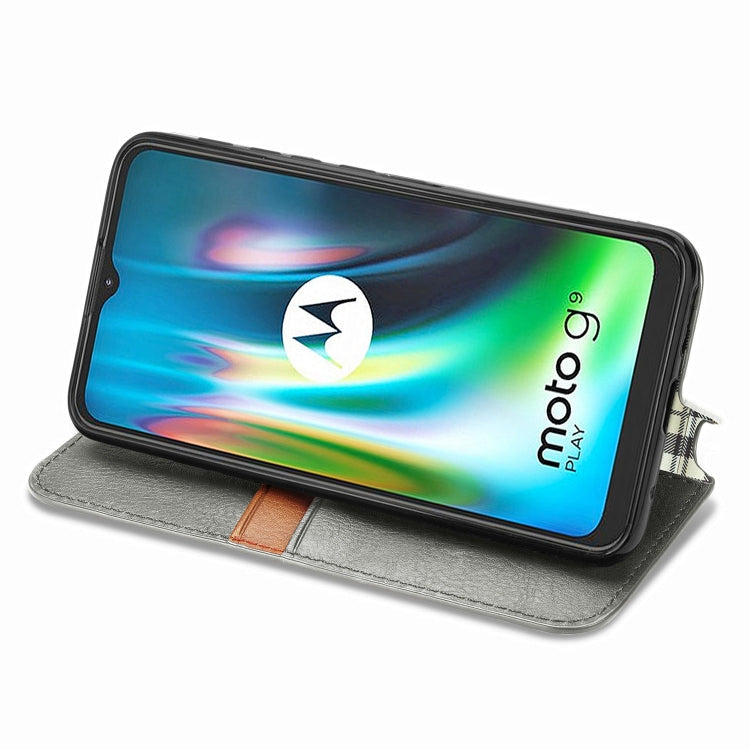 For Motorola Moto G9 Play Cubic Grid Pressed Horizontal Flip Magnetic PU Leather Case with Holder & Card Slots & Wallet