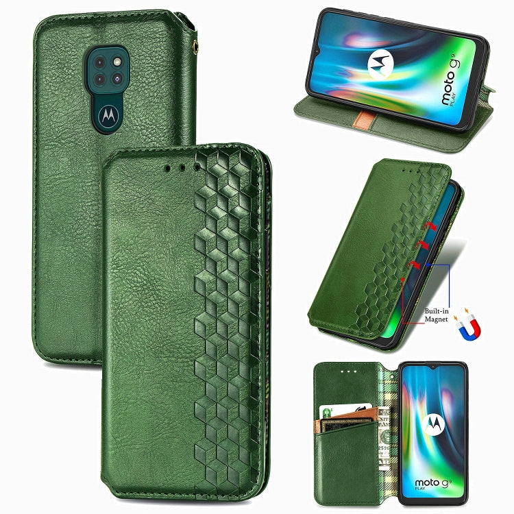 For Motorola Moto G9 Play Cubic Grid Pressed Horizontal Flip Magnetic PU Leather Case with Holder & Card Slots & Wallet