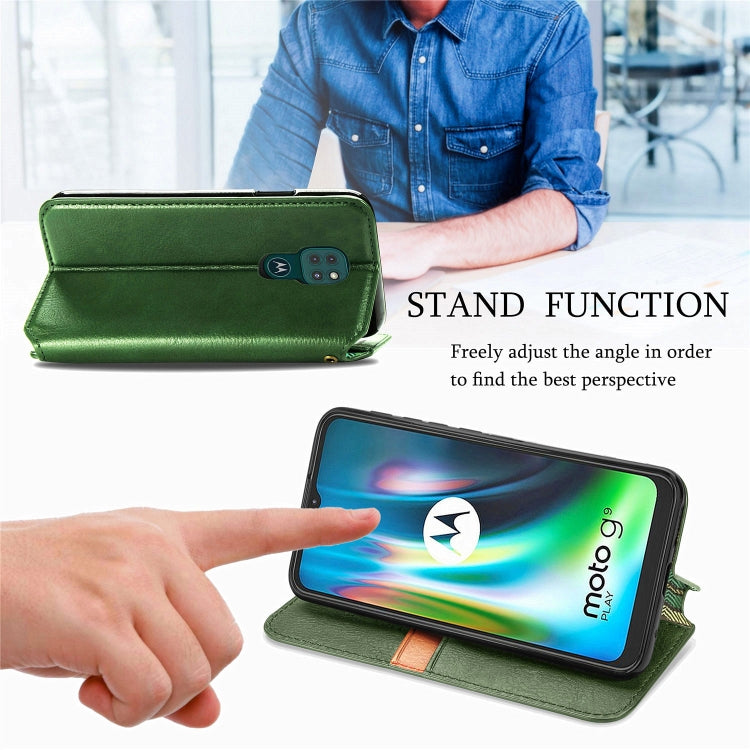 For Motorola Moto G9 Play Cubic Grid Pressed Horizontal Flip Magnetic PU Leather Case with Holder & Card Slots & Wallet