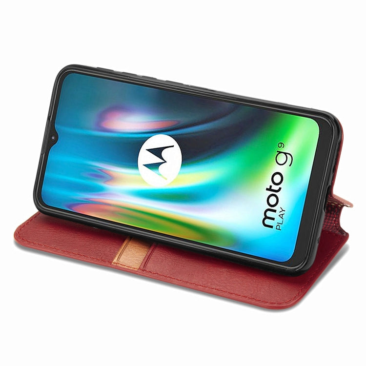 For Motorola Moto G9 Play Cubic Grid Pressed Horizontal Flip Magnetic PU Leather Case with Holder & Card Slots & Wallet