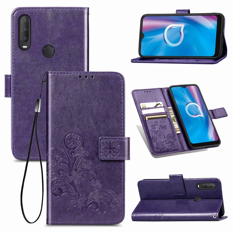 For Alcatel 1S (2020) Four-leaf Clasp Embossed Buckle Mobile Phone Protection Leather Case with Lanyard & Card Slot & Wallet & Holder Function