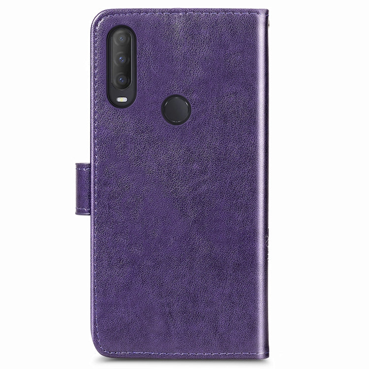 For Alcatel 1S (2020) Four-leaf Clasp Embossed Buckle Mobile Phone Protection Leather Case with Lanyard & Card Slot & Wallet & Holder Function