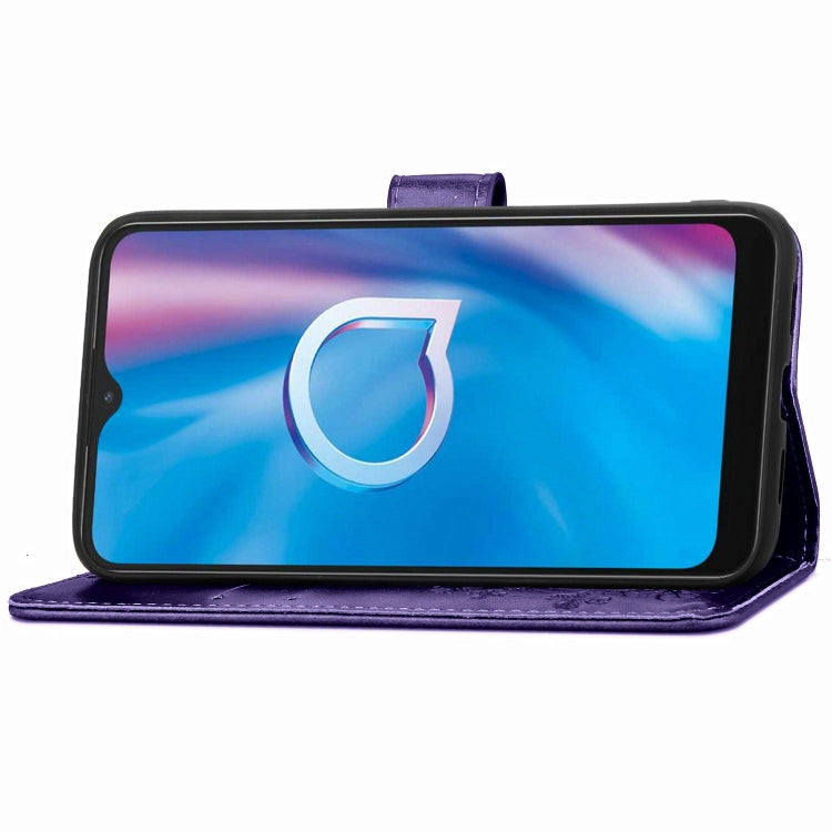 For Alcatel 1S (2020) Four-leaf Clasp Embossed Buckle Mobile Phone Protection Leather Case with Lanyard & Card Slot & Wallet & Holder Function