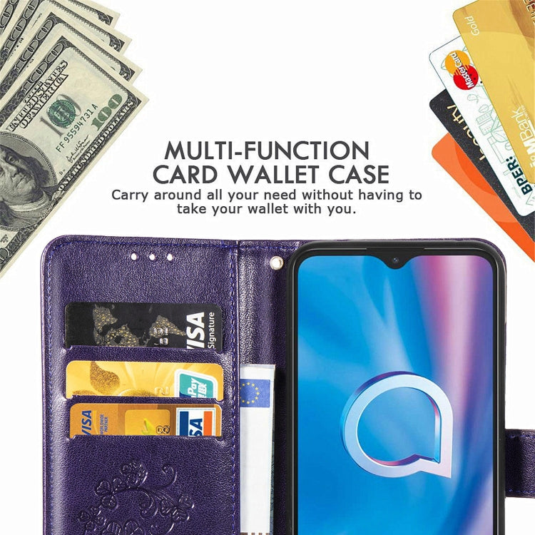 For Alcatel 1S (2020) Four-leaf Clasp Embossed Buckle Mobile Phone Protection Leather Case with Lanyard & Card Slot & Wallet & Holder Function