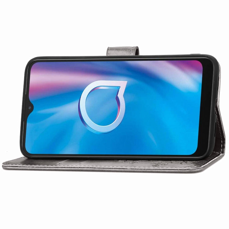 For Alcatel 1S (2020) Four-leaf Clasp Embossed Buckle Mobile Phone Protection Leather Case with Lanyard & Card Slot & Wallet & Holder Function