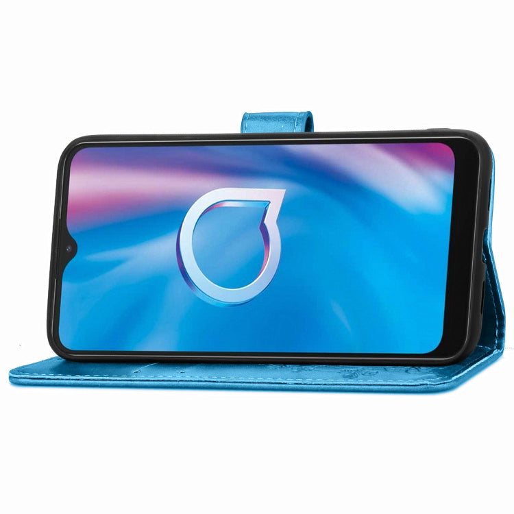 For Alcatel 1S (2020) Four-leaf Clasp Embossed Buckle Mobile Phone Protection Leather Case with Lanyard & Card Slot & Wallet & Holder Function