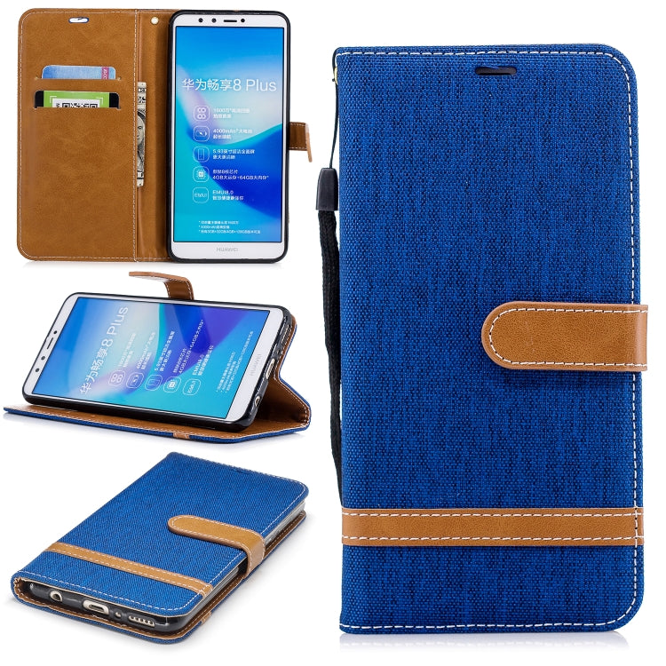 Color Matching Denim Texture Leather Case for Huawei Y9 2018 & Enjoy 8 Plus , with Holder & Card Slots & Wallet & Lanyard