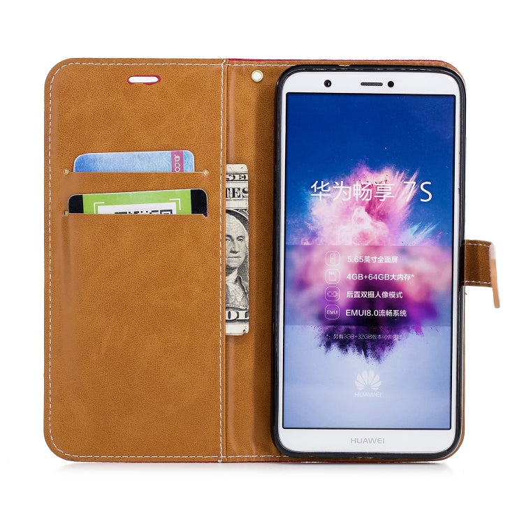 Color Matching Denim Texture Leather Case for Huawei P Smart / Enjoy 7S, with Holder & Card Slots & Wallet & Lanyard