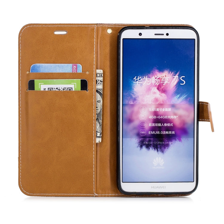Color Matching Denim Texture Leather Case for Huawei P Smart / Enjoy 7S, with Holder & Card Slots & Wallet & Lanyard
