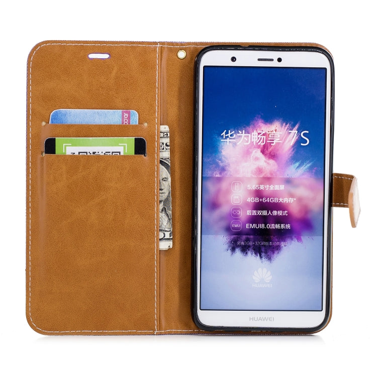 Color Matching Denim Texture Leather Case for Huawei P Smart / Enjoy 7S, with Holder & Card Slots & Wallet & Lanyard