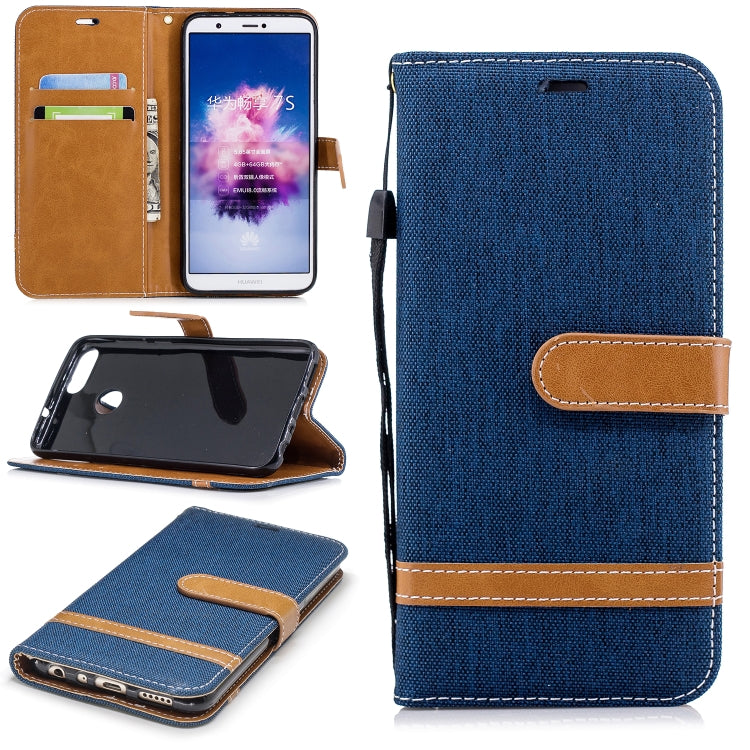 Color Matching Denim Texture Leather Case for Huawei P Smart / Enjoy 7S, with Holder & Card Slots & Wallet & Lanyard