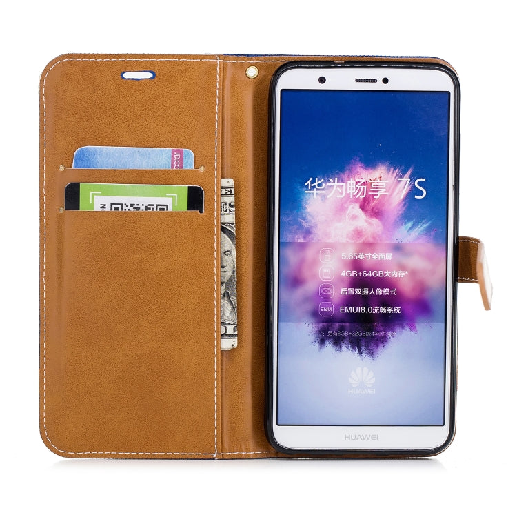 Color Matching Denim Texture Leather Case for Huawei P Smart / Enjoy 7S, with Holder & Card Slots & Wallet & Lanyard