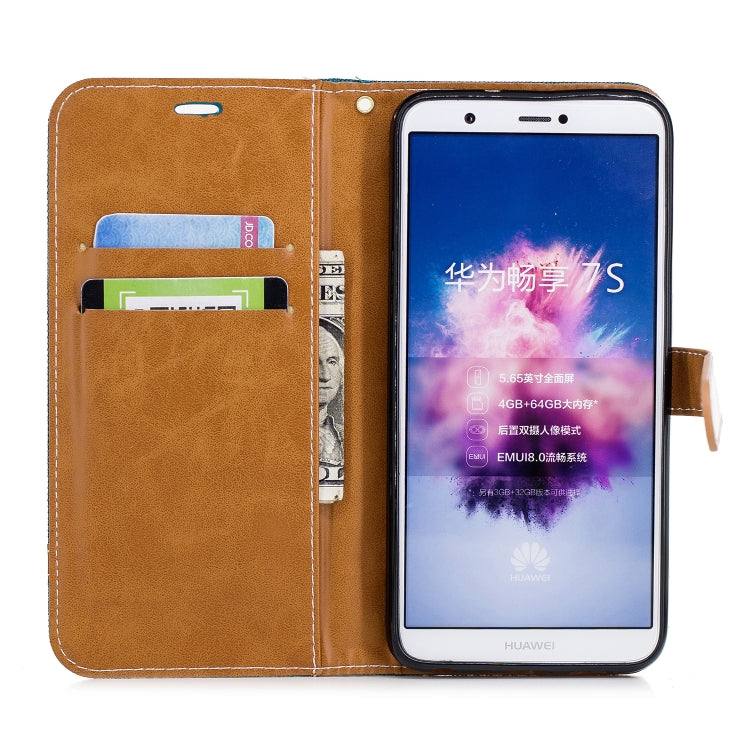 Color Matching Denim Texture Leather Case for Huawei P Smart / Enjoy 7S, with Holder & Card Slots & Wallet & Lanyard