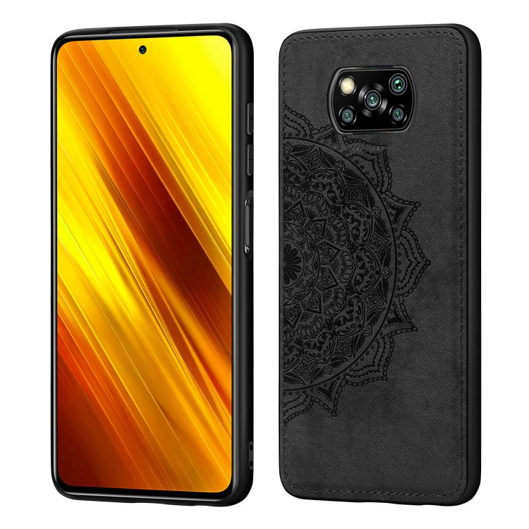 For Xiaomi Poco X3 NFC Mandala Embossed Cloth Cover PC + TPU Case with Magnetic Function and Hand Strap