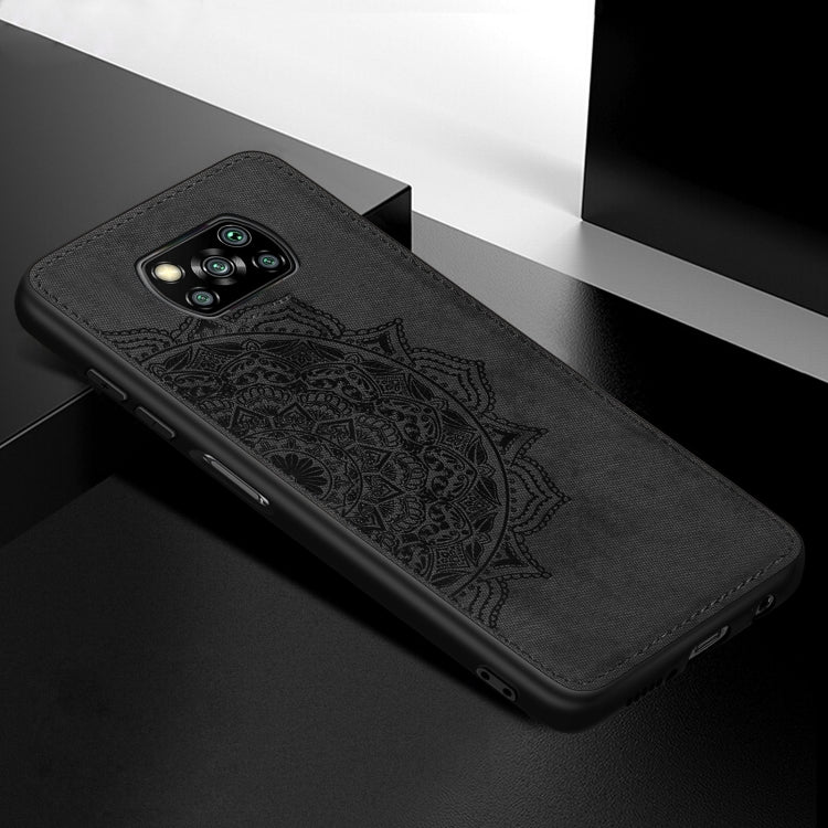 For Xiaomi Poco X3 NFC Mandala Embossed Cloth Cover PC + TPU Case with Magnetic Function and Hand Strap