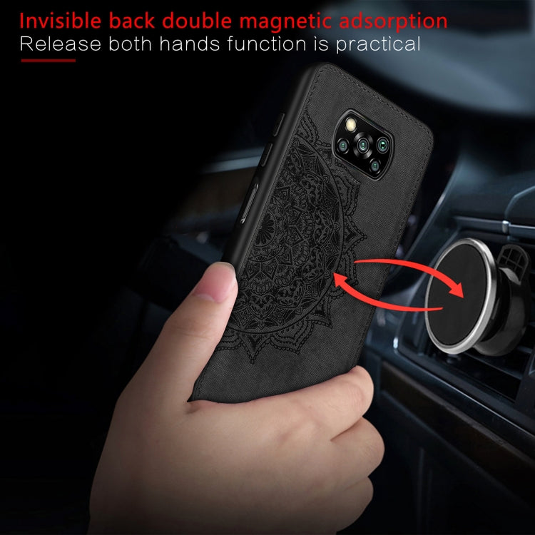 For Xiaomi Poco X3 NFC Mandala Embossed Cloth Cover PC + TPU Case with Magnetic Function and Hand Strap