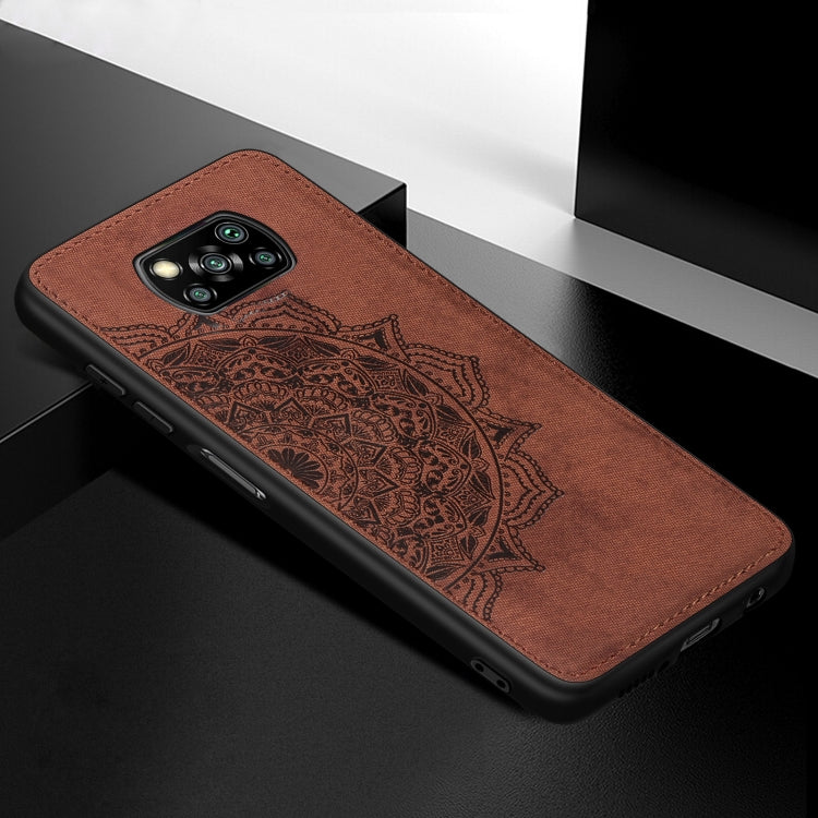For Xiaomi Poco X3 NFC Mandala Embossed Cloth Cover PC + TPU Case with Magnetic Function and Hand Strap