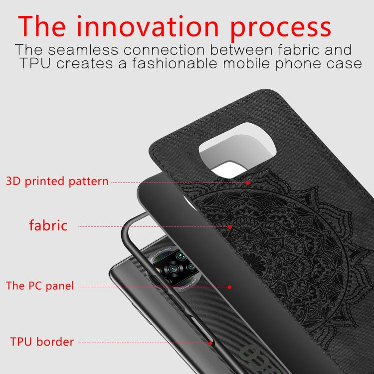 For Xiaomi Poco X3 NFC Mandala Embossed Cloth Cover PC + TPU Case with Magnetic Function and Hand Strap