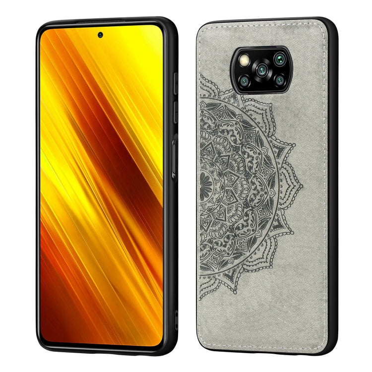For Xiaomi Poco X3 NFC Mandala Embossed Cloth Cover PC + TPU Case with Magnetic Function and Hand Strap