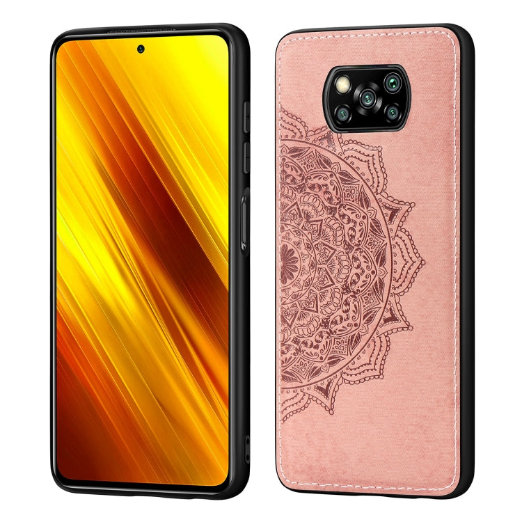 For Xiaomi Poco X3 NFC Mandala Embossed Cloth Cover PC + TPU Case with Magnetic Function and Hand Strap