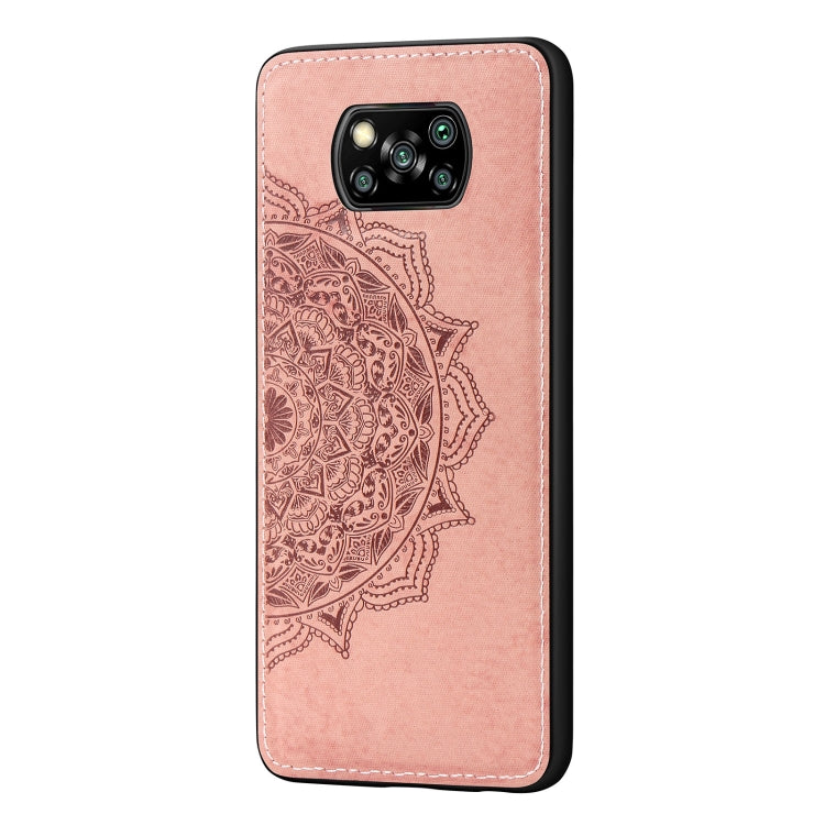 For Xiaomi Poco X3 NFC Mandala Embossed Cloth Cover PC + TPU Case with Magnetic Function and Hand Strap