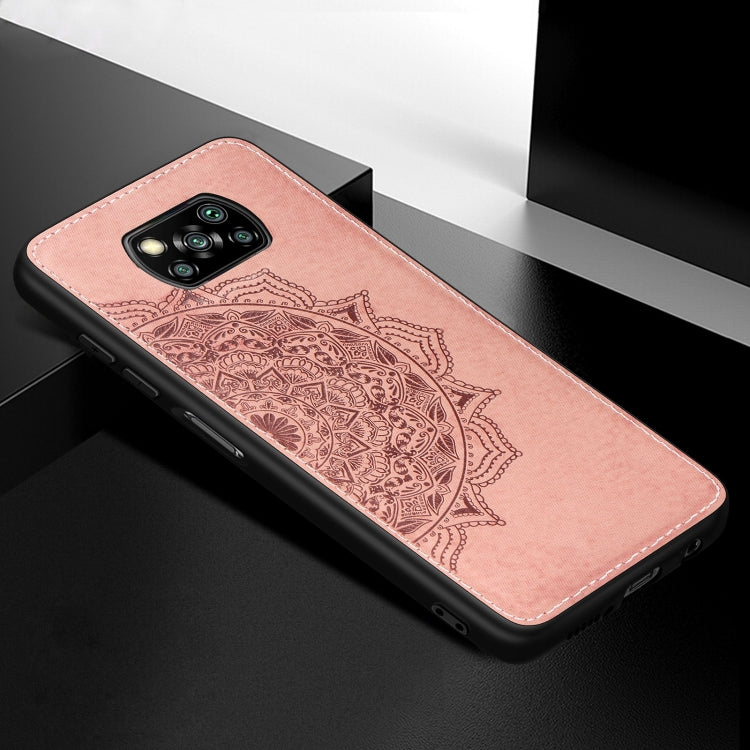 For Xiaomi Poco X3 NFC Mandala Embossed Cloth Cover PC + TPU Case with Magnetic Function and Hand Strap
