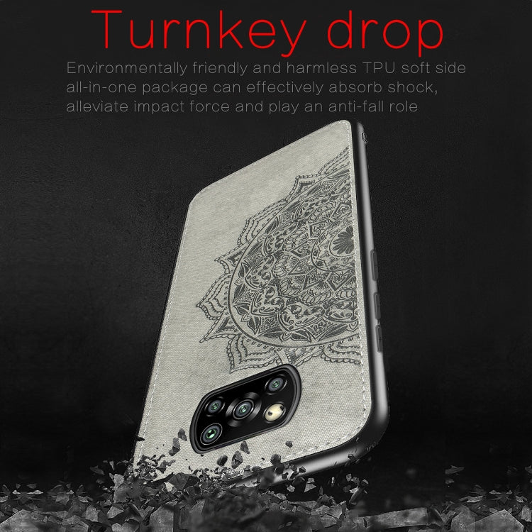 For Xiaomi Poco X3 NFC Mandala Embossed Cloth Cover PC + TPU Case with Magnetic Function and Hand Strap