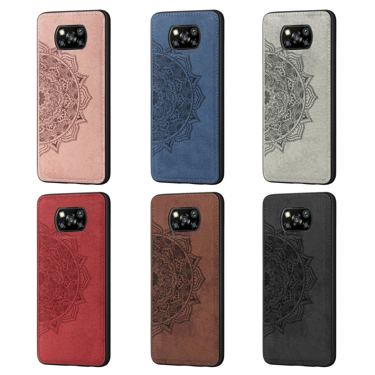 For Xiaomi Poco X3 NFC Mandala Embossed Cloth Cover PC + TPU Case with Magnetic Function and Hand Strap