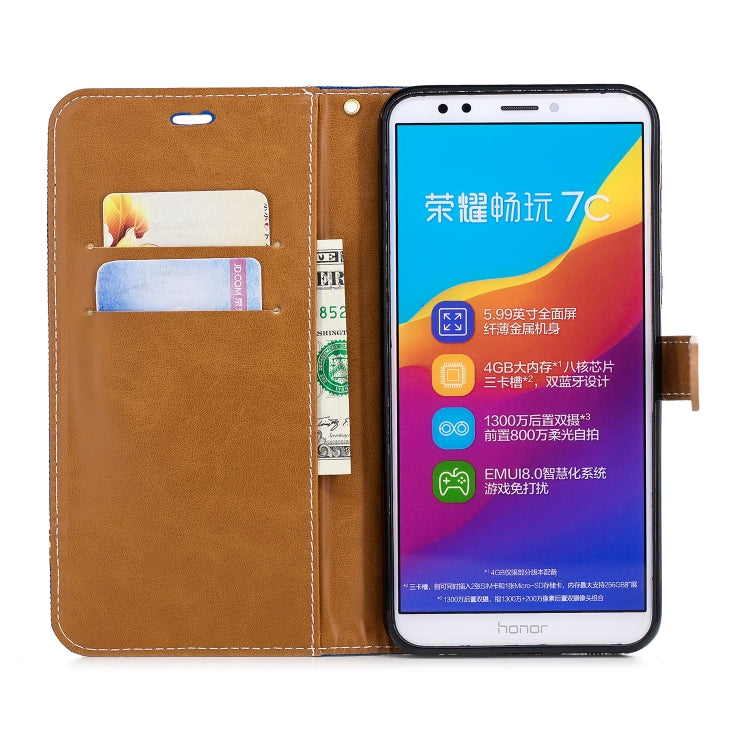 Color Matching Denim Texture Leather Case for Huawei Honor 7C / Enjoy 8, with Holder & Card Slots & Wallet & Lanyard