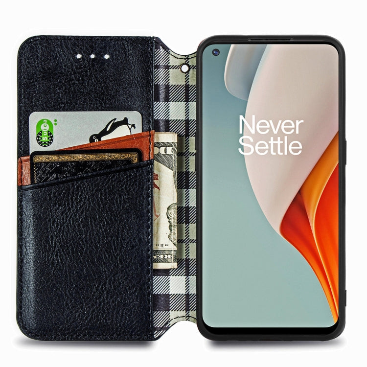 For One Plus Nord N100 Cubic Grid Pressed Horizontal Flip Magnetic PU Leather Case with Holder & Card Slots & Wallet