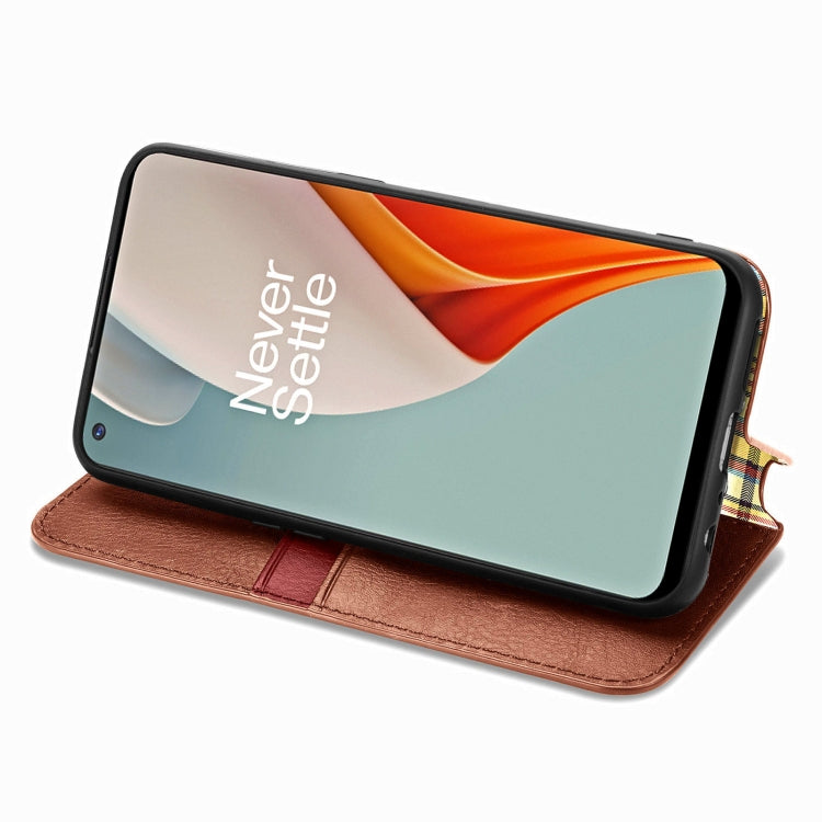 For One Plus Nord N100 Cubic Grid Pressed Horizontal Flip Magnetic PU Leather Case with Holder & Card Slots & Wallet