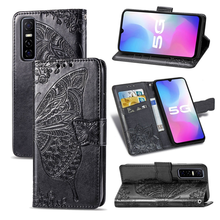 For vivo Y73s Butterfly Love Flower Embossed Horizontal Flip Leather Case with Bracket / Card Slot / Wallet / Lanyard