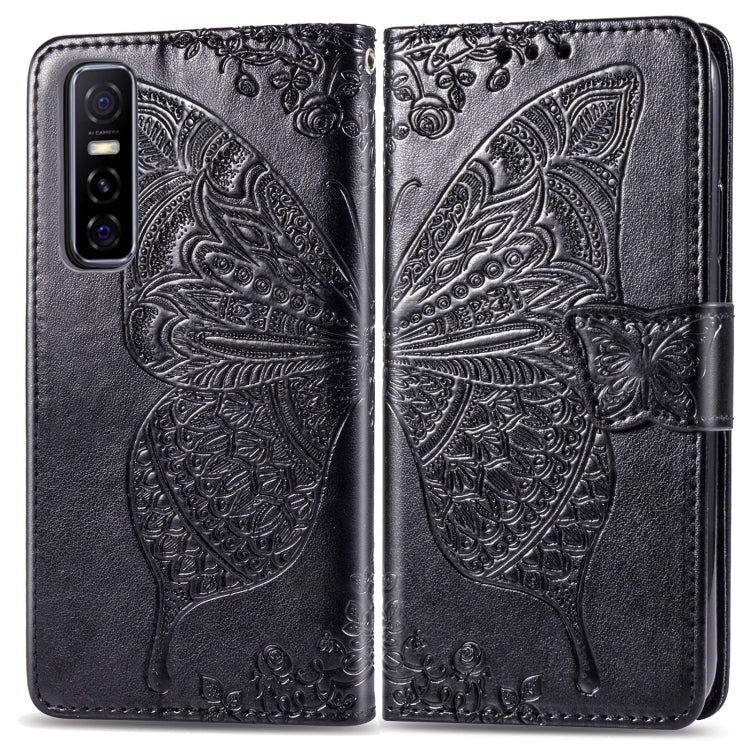 For vivo Y73s Butterfly Love Flower Embossed Horizontal Flip Leather Case with Bracket / Card Slot / Wallet / Lanyard