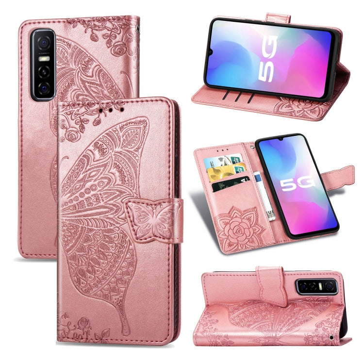 For vivo Y73s Butterfly Love Flower Embossed Horizontal Flip Leather Case with Bracket / Card Slot / Wallet / Lanyard