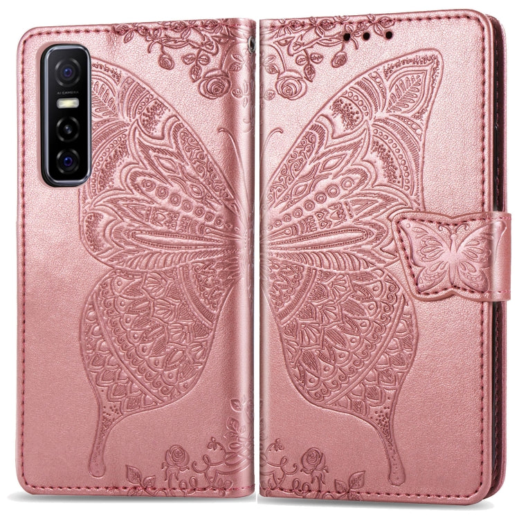 For vivo Y73s Butterfly Love Flower Embossed Horizontal Flip Leather Case with Bracket / Card Slot / Wallet / Lanyard