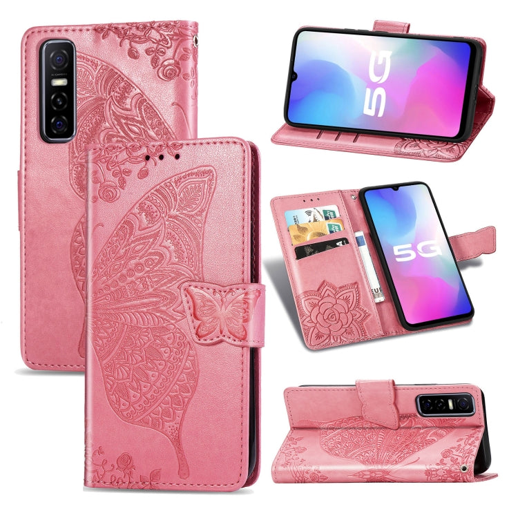 For vivo Y73s Butterfly Love Flower Embossed Horizontal Flip Leather Case with Bracket / Card Slot / Wallet / Lanyard