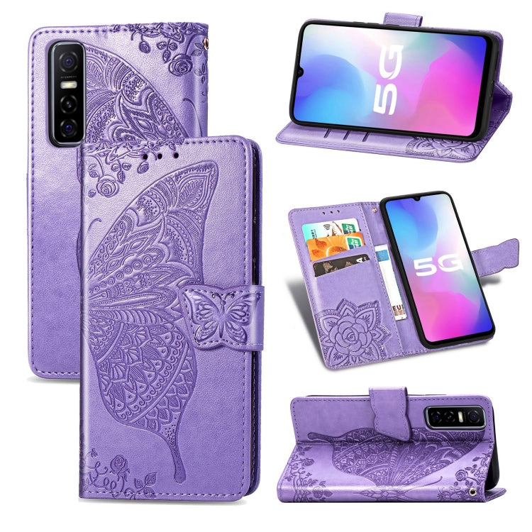 For vivo Y73s Butterfly Love Flower Embossed Horizontal Flip Leather Case with Bracket / Card Slot / Wallet / Lanyard
