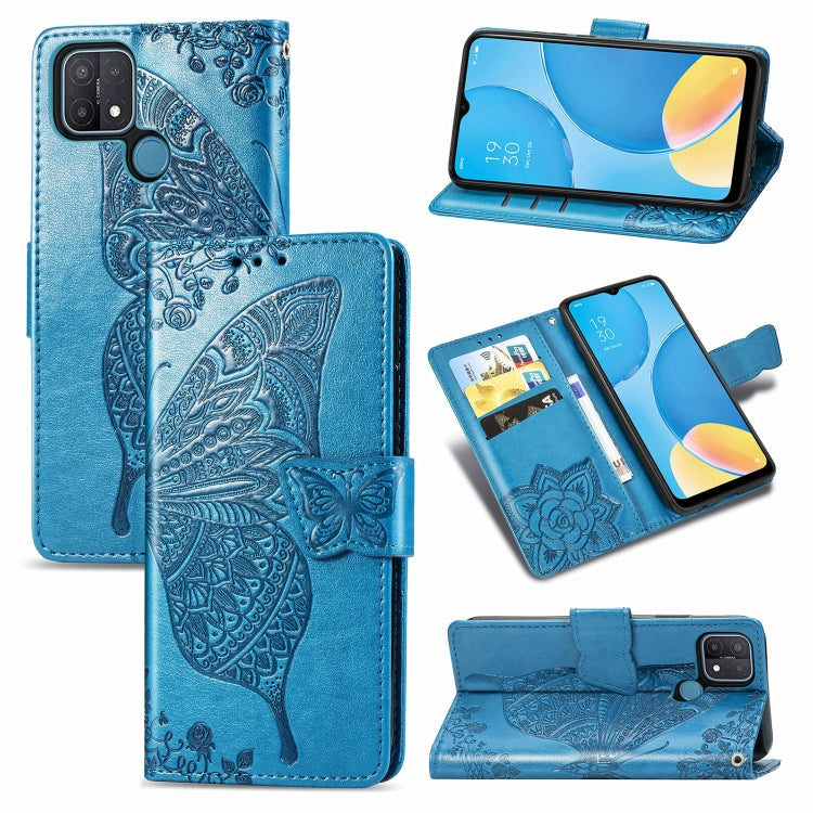 For OPPO A15 Butterfly Love Flower Embossed Horizontal Flip Leather Case with Bracket / Card Slot / Wallet / Lanyard