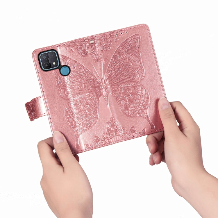 For OPPO A15 Butterfly Love Flower Embossed Horizontal Flip Leather Case with Bracket / Card Slot / Wallet / Lanyard