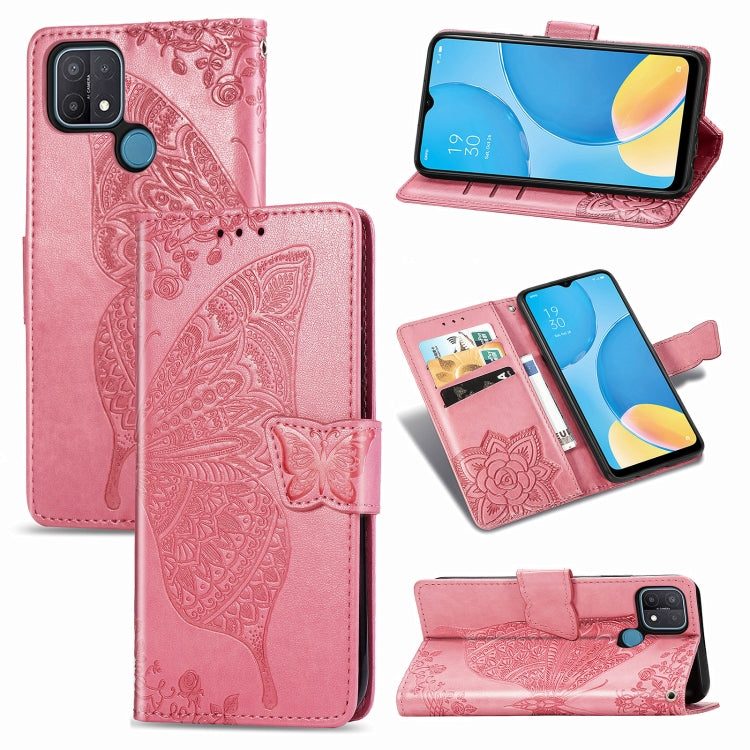 For OPPO A15 Butterfly Love Flower Embossed Horizontal Flip Leather Case with Bracket / Card Slot / Wallet / Lanyard