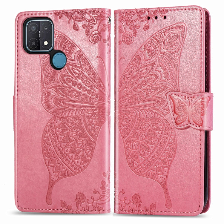 For OPPO A15 Butterfly Love Flower Embossed Horizontal Flip Leather Case with Bracket / Card Slot / Wallet / Lanyard